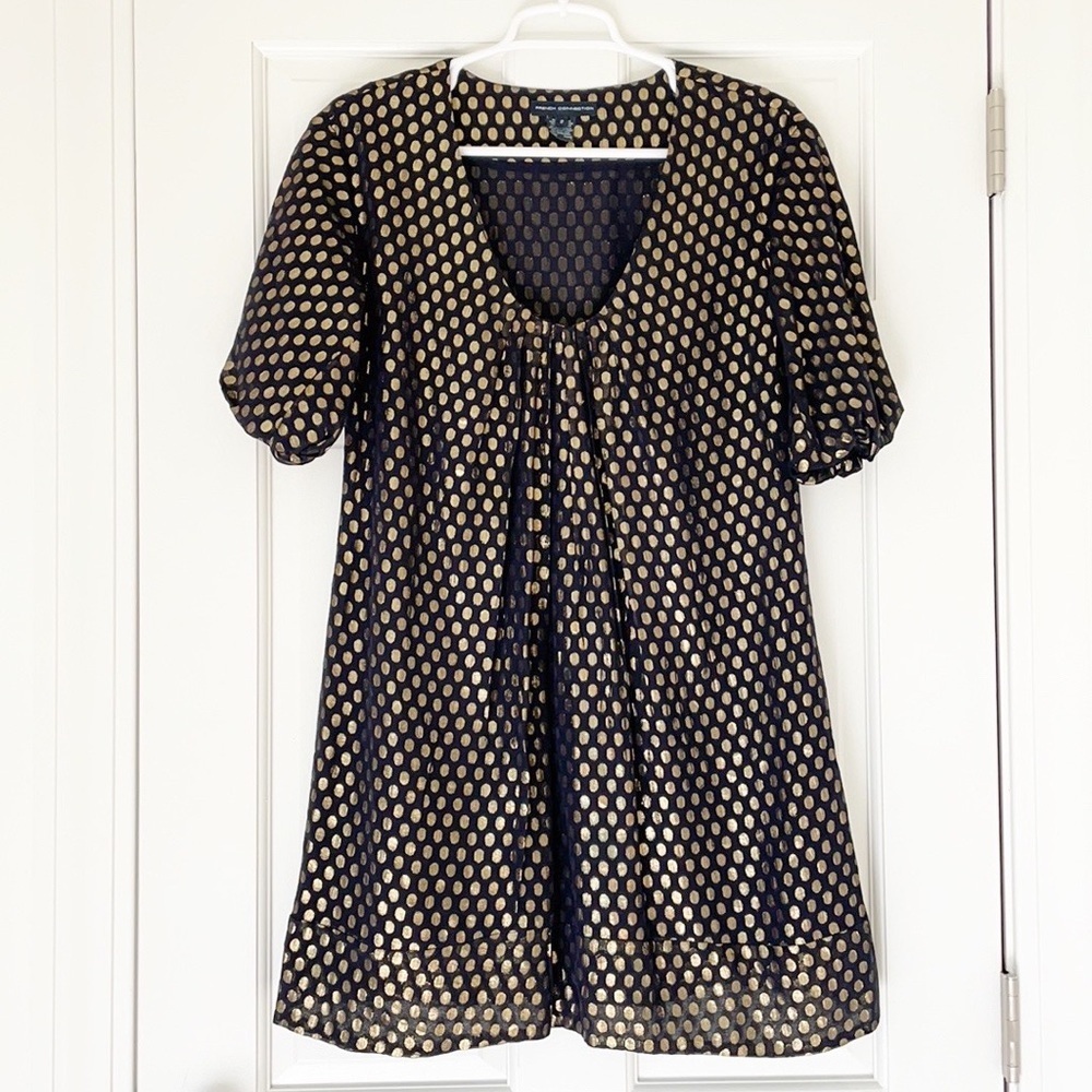 FRENCH CONNECTION mini dress size 2 silk navy blue gold polka dot shortsleeve